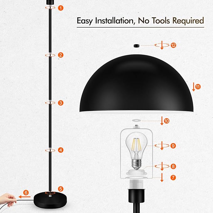 Floor Lamp, Industrial Black Floor Lamps for Living Room, 65.6in Standing Lamp, Retro Mushroom Dome Shade, Whole Metal, E26 Socket, Mid Century Modern Floor Lamp for Bedroom/Office,No Bulb