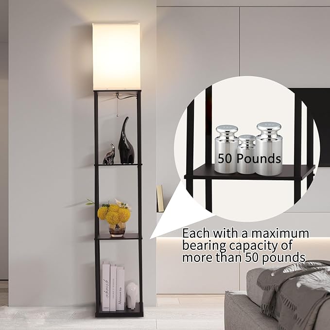 Floor Lamp with Shelves, Modern Square Standing Lamp with 3 Color Temperature Bulb, Corner Display Bookshelf Lamp for Living Room, Bedroom and Office (Black)