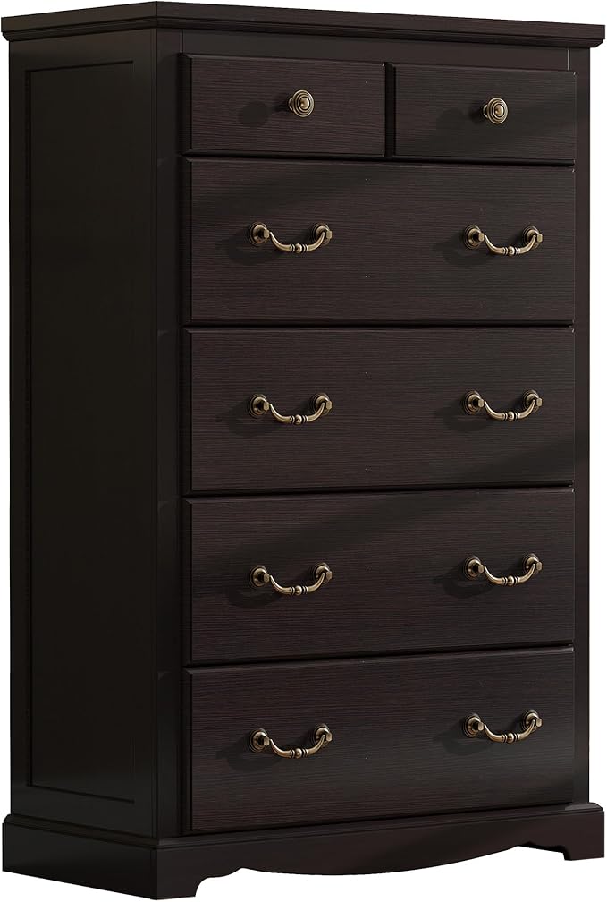 Farmhouse 6 Chest of Drawers for Bedroom, 48" Tall Wood Dresser with Bronze Retro Handles & 3D Drawer Fronts, Rustic Closet Dresser for Bedroom, Hallway, Espresso