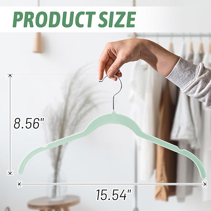Velvet Hangers 50 Pack – Slim Non-Slip Flocked Hangers with Notches, Space-Saving Closet Organizer for Dresses, Blouses, Coats(Green)