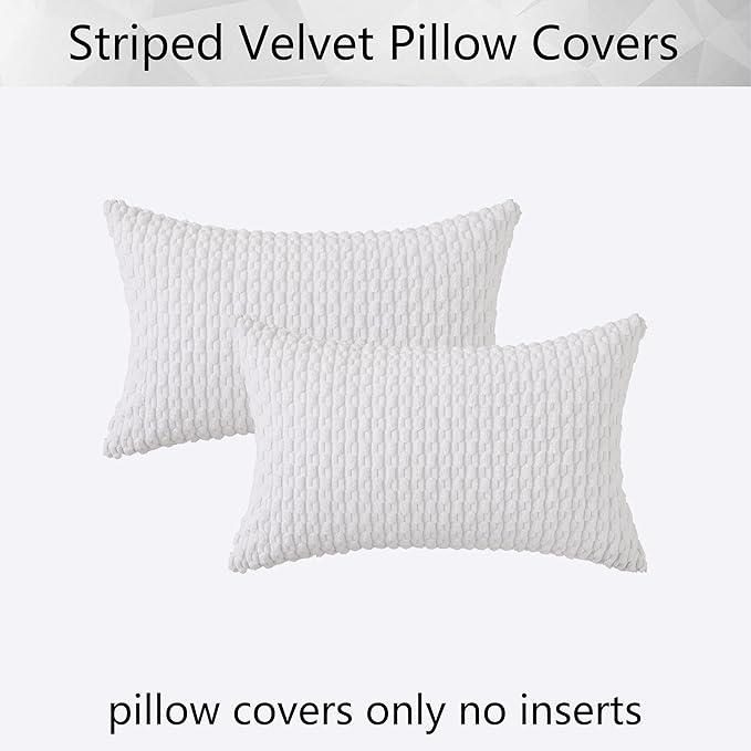 Kevin Textile Pack of 2 Velvet Pillow Covers Striped Throw Cushion Case Set Accent Corduroy Lumbar Pillowcases with Hidden Zipper for Home Decor Indoor Outdoor (12x20 Inch Pure White)