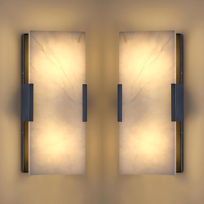Doraimi Lighting 2 Pack 2 Light 12" Natural Square Alabaster Marble Bathroom Wall Sconce Modern Concise Style Wall Light Fixture,Dark Gray Finish for Bedroom Hallway Bedside Living Room