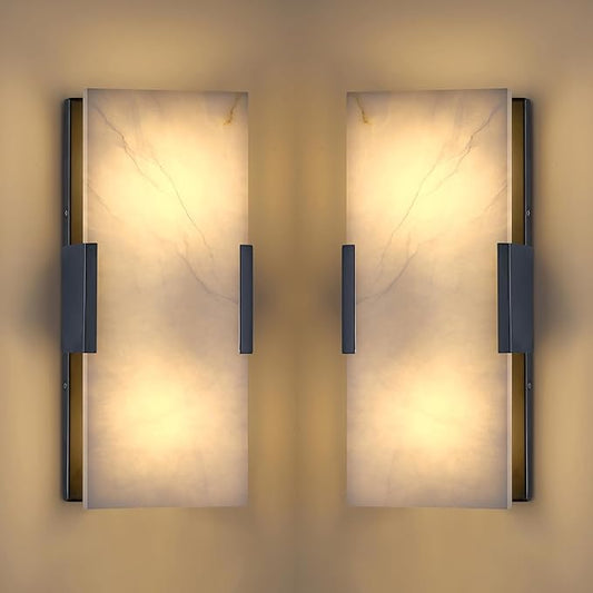 Doraimi Lighting 2 Pack 2 Light 12" Natural Square Alabaster Marble Bathroom Wall Sconce Modern Concise Style Wall Light Fixture,Dark Gray Finish for Bedroom Hallway Bedside Living Room