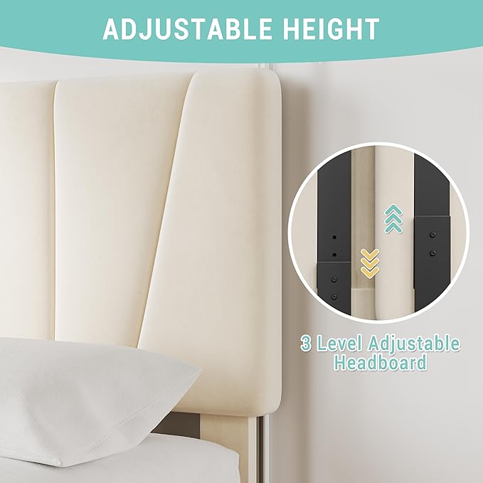 Twin Size Bed Frame with Adjustable Headboard and 2 Storage Drawers, Velvet Upholstered Tufted Twin Platform Bed Frames with Wooden Slats Support, Bedframe No Box Spring Needed, Beige/Cream