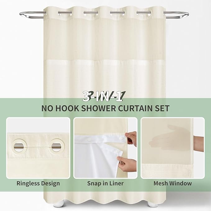 Extra Long No Hook Shower Curtain with Snap-in Fabric Liner Set,Cream Waffle Weave Shower Curtains for Bathroom,Hotel Luxury Decor Bathroom Curtain Set,Waterproof & Washable,71Wx86H