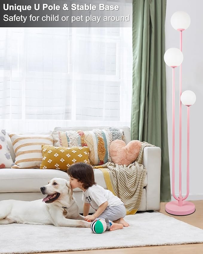 Lightdot 63IN Pink Floor Lamp Mid Century Modern Floor Lamp with 3 Globe Soft Warm White 3000K Bulbs Candle Holder Style Standing Lamp for Wedding Party/Living Room