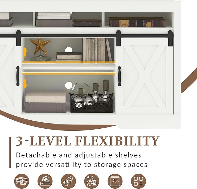 Farmhouse White Stand for TVs up to 65+ Inch Tall Entertainment Center with Sliding Barn Door, Console Storage Cabinet for Bedroom, Living Room