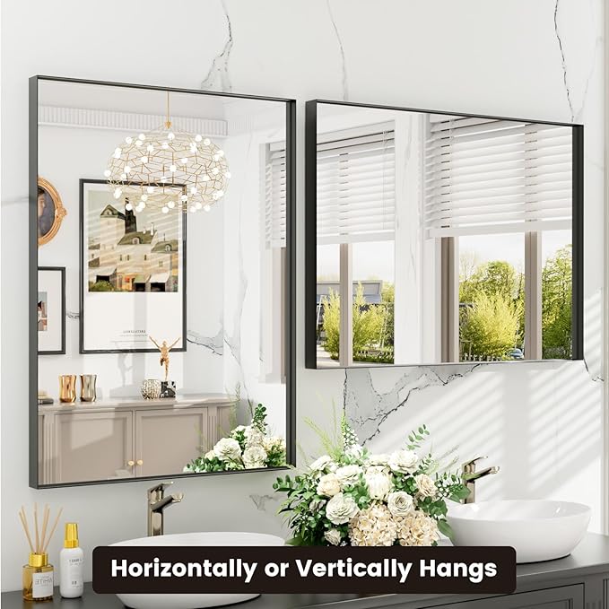 Black Bathroom Vanity Mirror 24x32 Inch, Rectangle Matte Black Mirror for Bathroom, Square Corner, Tempered Glass, Bedroom, Living Room, Entryway, Wall Mounted(Vertical/Horizontal)