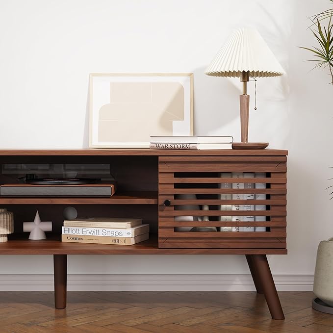 53" Mid Century Modern TV Stand for 50/55/60 inch TV, TV Media Console with Slatted Doors for TVs up to 60", Entertainment Center with Storage for Living Room, Bedroom, Walnut