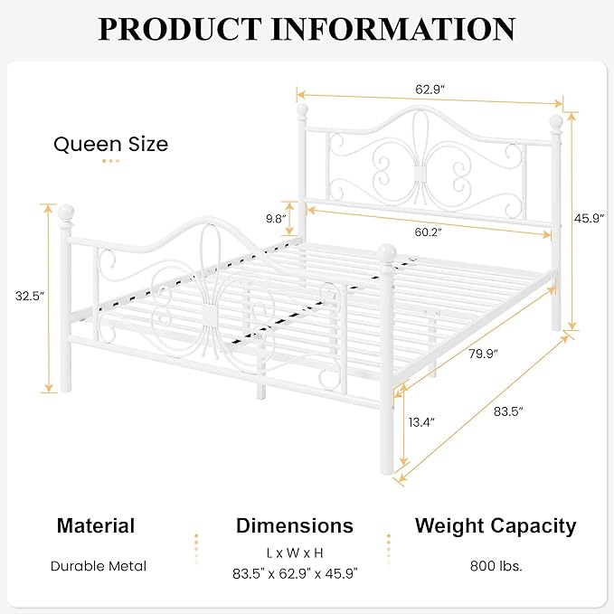 SHA CERLIN Queen Size Bed Frame with Headboard,Metal Bed Frame with Butterfly Pattern Design Headboard & Footboard,No Box Spring Needed,Easy Assembly,White