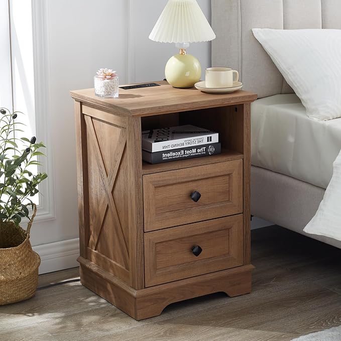 Farmhouse 2 Drawers Dresser for Bedroom, Rustic Small Chest of Drawers with Charging Station, Wood End Table with Open Shelf, Modern Nightstand for Bedroom, Living Room, Entryway, Natural Oak