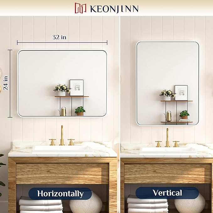 Keonjinn White Bathroom Mirror for Over Sink, 24 x 32 Inch Metal Framed Bathroom Vanity Mirrors for Wall, Rounded Corner Rectangle Farmhouse Mirror, Anti-Rust, HD Tempered Glass(Horizontal/Vertical)