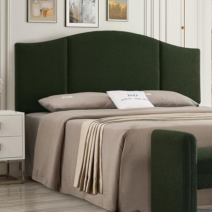 24KF Middle Century Upholstered Foldable King Headboard - Modern Boucle Teddy Fabric - Dark Green