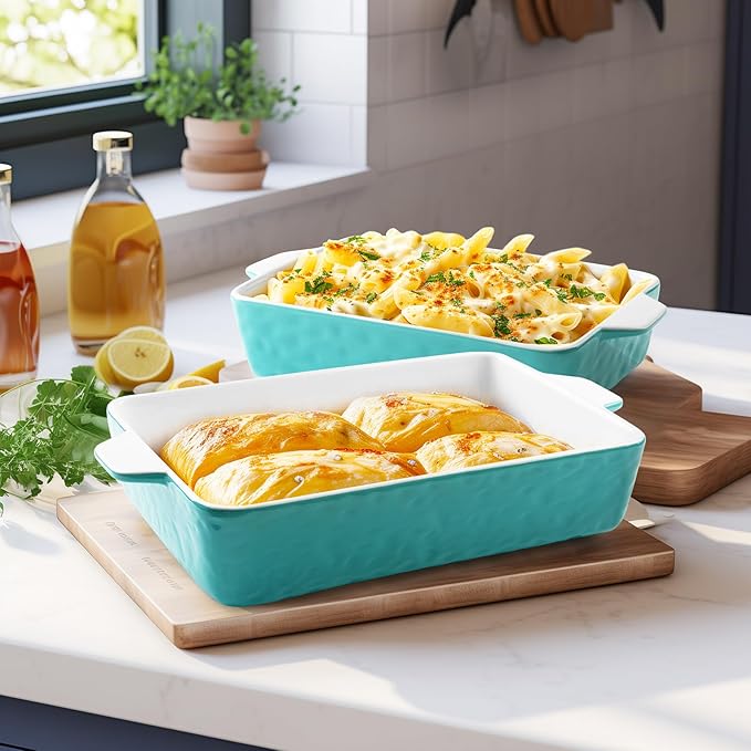 Casserole Dishes for Oven, Ceramic Baking Dishes, Lasagna Pan with Handles, Porcelain Baking Pan Deep, Bakeware for Baking, Cooking, Wedding Gift, Set of 3 (11.6" x 7.8", Aquamarine)