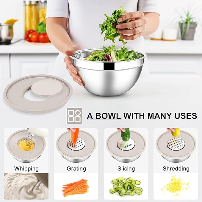 E-far Mixing Bowls with Lids Set, 7-Piece Stainless Steel Metal Mixing Bowls with Grater Attachments, Size 4.6, 3.5, 2.6, 2, 1.5, 1, 0.7QT, Nesting Design & Khaki Airtight Lids, For Cooking/Serving