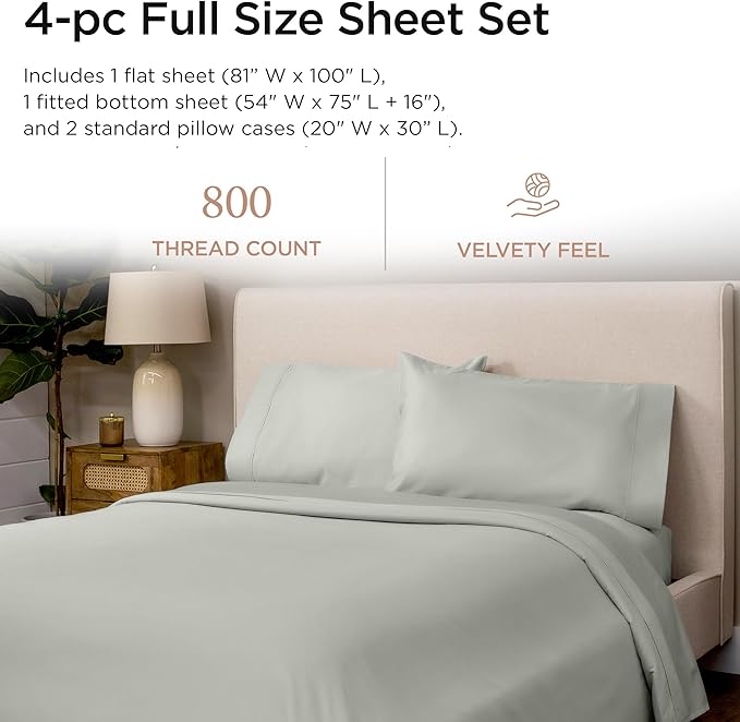Threadmill Luxury 800 Thread Count Full Size 100% Cotton Sheets - Light Grey Sateen Weave Bed-Sheets, Better Than Egyptian Cotton, 4 Pc Solid Bed Set, Fits 16" Deep Pocket