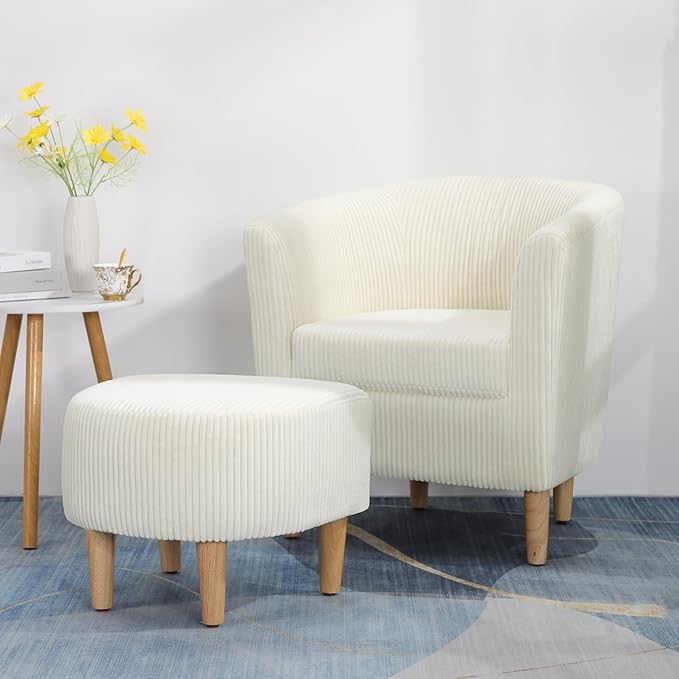DAZONE Accent Chair, Barrel Chair with Ottoman Comfy Armchair Corduroy Living Room Chairs Mid Century Modern Chair Upholstered Club Tub Sofa Chair for Bedroom Reading Room Ivory