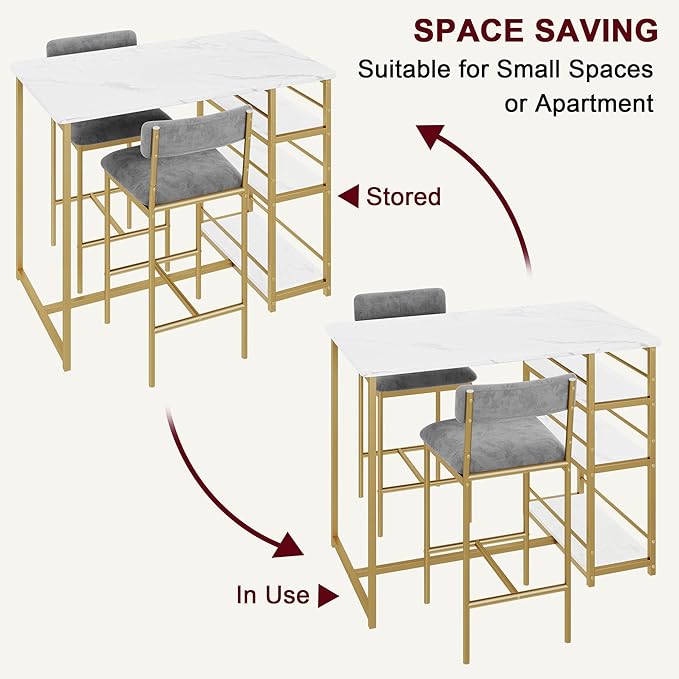 GAOMON Dining Table Set for 2, Kitchen Table and Upholstered Chairs for 2, 3 Piece Counter Height Bar Kitchen Table Set with 3 Storage Shelves for Small Space, Apartment, Velvet Gray and Gold White