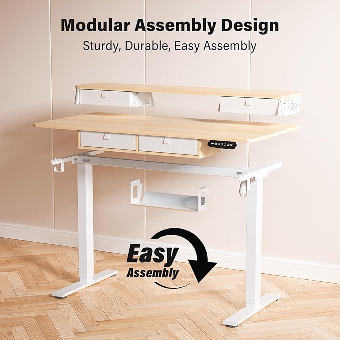 Electric Standing Desk with 4 Drawers 48''x 24'' Adjustable Height Sit to Stand Up Desk with Storage Shelf, C-Clamp Mount Compatible Black Home Office Desks Computer Gaming Table Ergonomic Workstation