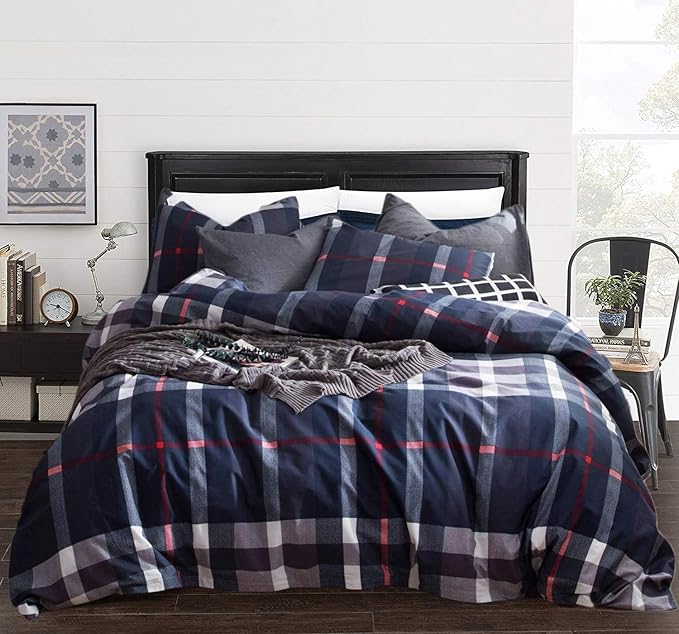 CLOTHKNOW Blue Plaid King Size Comforter Set 3Pcs Tartan Bedding Comforter Sets Soft Blue White Grey Red Comforter with 2 x Pillow Cases