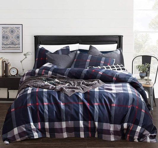 CLOTHKNOW Blue Plaid California King Comforter Set 3Pcs Tartan Bedding Comforter Sets Soft All Season Blue White Grey Grid Comforter with 2 x Pillow Cases
