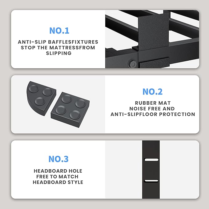 16 Inch Queen Bed Frame, 3500Lbs Heavy Duty Metal Platform with Round Corner Legs Mattress Slide Stopper, Steel Slat Support No Box Spring Needed, Noise Free, Non-Slip, Easy Assembly