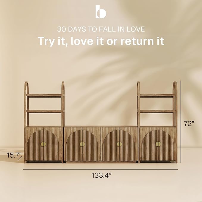 BELLEZE 3-Piece Arched TV Stand Entertainment Center with Storage, Mid Century Modern 2-Piece 72″ Tall Storage Cabinets and 65″ Fluted TV Console for Living Room(Caramel Brown)