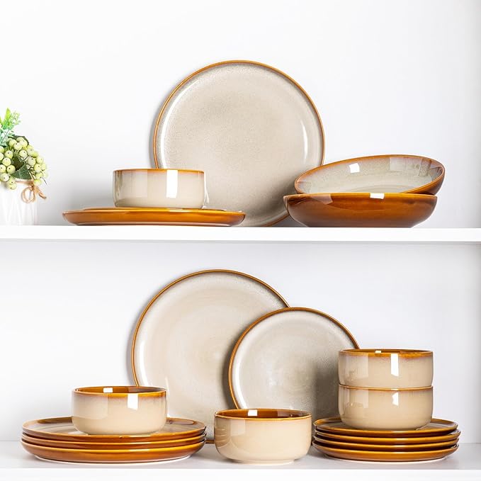 LERATIO Ceramic Dinnerware Sets for 8,Plates and Bowls Sets,Reactive Glaze Dishes Set,Highly Chip and Crack Resistant | Dishwasher & Microwave & Oven Safe Dishes set,Service for 8-Kahki (24pc)