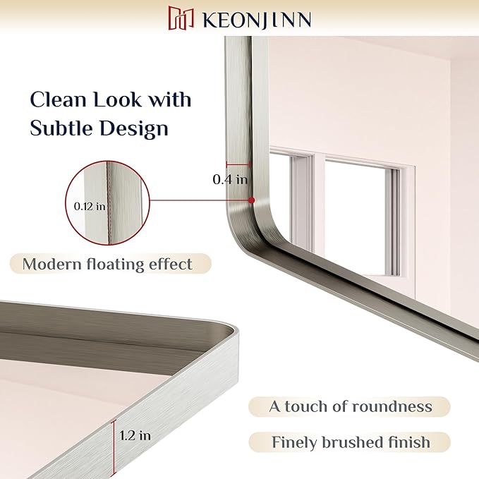 Keonjinn 55 x 30 Brushed Nickel Bathroom Vanity Mirror, Large Rounded Rectangle Bathroom Mirrors for over Sink, Metal Framed Silver Mirror for Wall, Shatterproof HD Tempered Glass(Horizontal/Vertical)