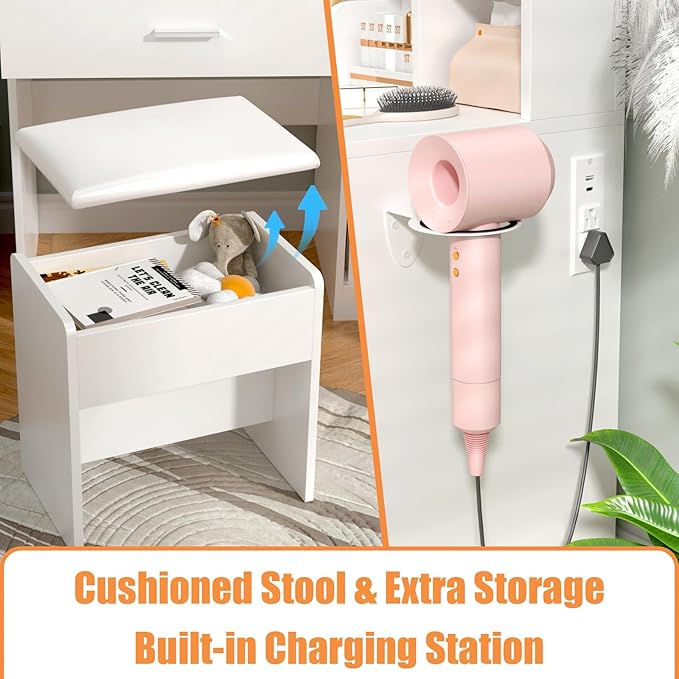 Vanity Desk with Mirror and Lights， Makeup Vanity Desk with Lights 3 Colors，Dressing Table with 10 Bulbs Light, Power Outlet & 2 Drawers and Vanity Stool, for Bedroom Dressing Room (White)