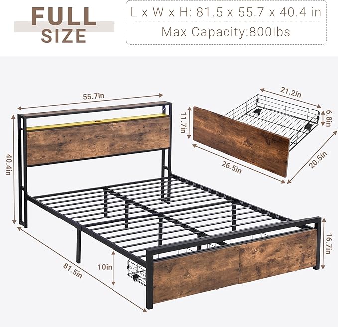 Full Bed Frame w/ 2 Storage Drawers, Full-Size Platform Bed Frame w/Headboard, Adjustable RGB LED Light, Charging Station, Full Metal Bed Frames No Spring Box Required, Brown