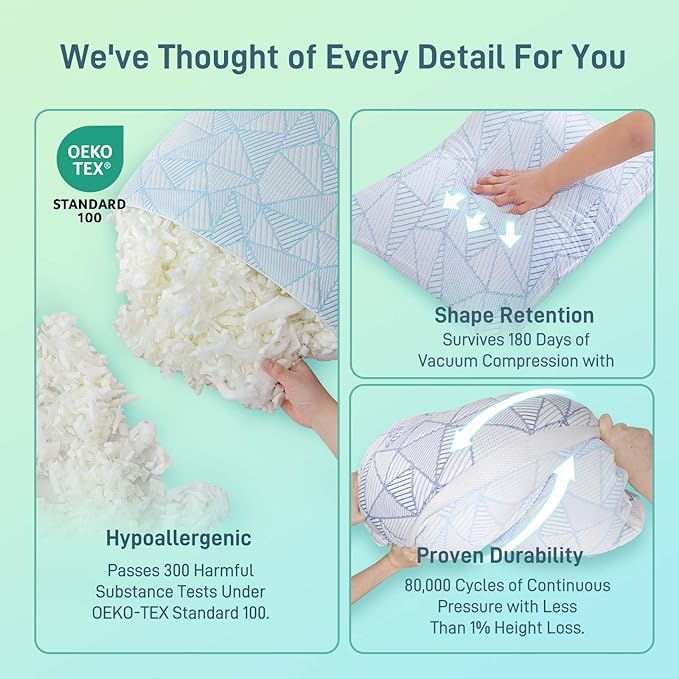 Shredded Memory Foam Cooling Soft Bamboo Viscose Pillow Queen Size, Adjustable Hypoallergenic Hotel Quality Bed Pillow for Side, Stomach or Back Sleeper, Oeko-TEX Certified