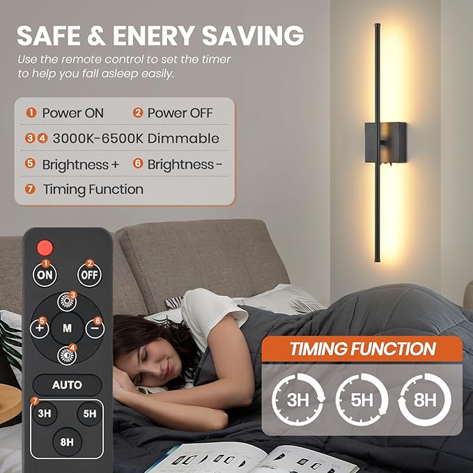 Battery Operated Wall Sconces with Remote Control, 11000mAh LED Wireless Rechargeable Black Wall Lights, 350°Rotate Dimmable Wall Lamp, 3 Color Temperatures, for Bedroom, Living Room, Hallway, 1 PCS