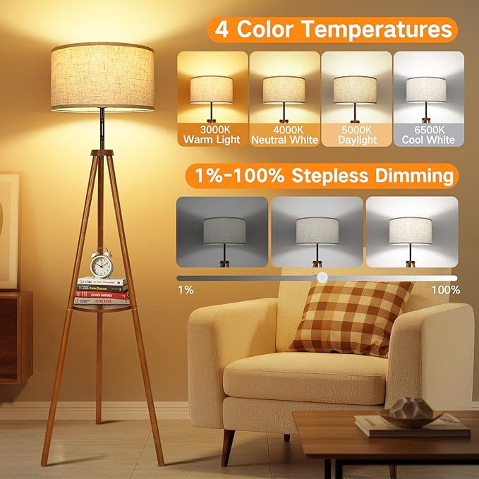 OUTON Wood Tripod Floor Lamp with Shelves, Mid Century LED Modern Dimmable Floor Lamp with Remote & Touch Control, Sturdy Tall Standing Lamp for Living Room, Bedroom, Office, Walnut
