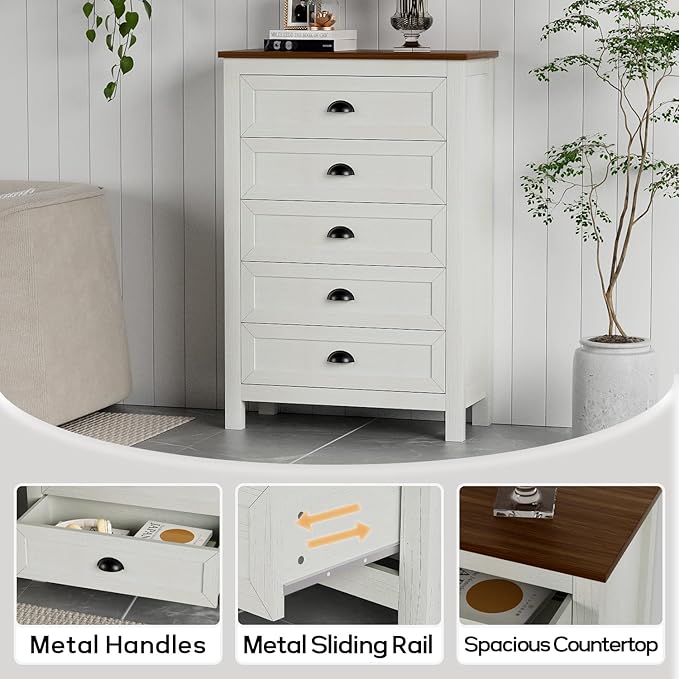 Farmhouse 5 Drawer Dresser for Bedroom, 47" Tall Dresser with Rustic Wood Top, Modern Chest of Drawers Organizer for Bedroom, Closet, Living Room, Entryway, Hallway