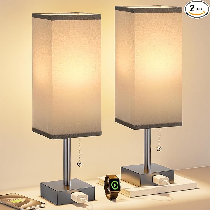Grey Bedside Table Lamps for Bedroom Set of 2 - Small Rectangular Nightstand Lamp with AC Outlet Charging Port, 3 Color Temperatures Light, Tabletop Reading Lamp for Living Room/Dorm/Office