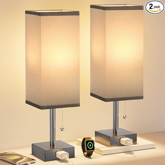 Grey Bedside Table Lamps for Bedroom Set of 2 - Small Rectangular Nightstand Lamp with AC Outlet Charging Port, 3 Color Temperatures Light, Tabletop Reading Lamp for Living Room/Dorm/Office