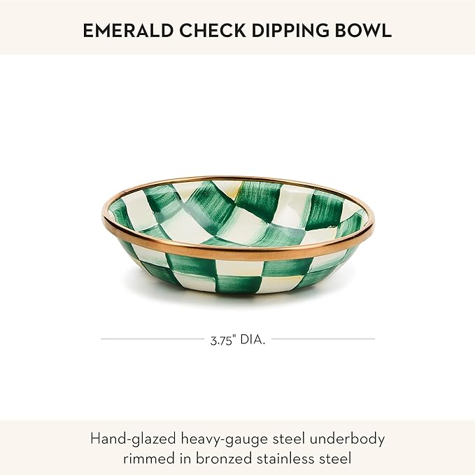 MACKENZIE-CHILDS Enamel Dipping Bowl, Small Serving Bowl for Entertaining, Green-and-White Emerald Check