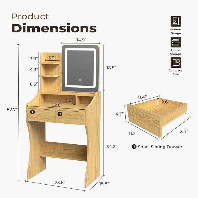 Small Vanity Desk, Makeup Vanity with Mirror and Lights, Vanity Desk with Drawer & 3 Storage Shelves, Wood Makeup Vanity Desk with Lights for Bedroom, Natural
