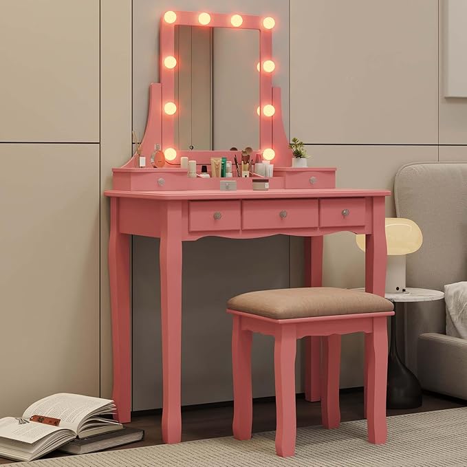 Vanity Desk with Mirror and Lights Makeup Vanity Desk with Lights Pink Vanity Table with Drawers and Chair Make Up Vanity with Lighted Mirror