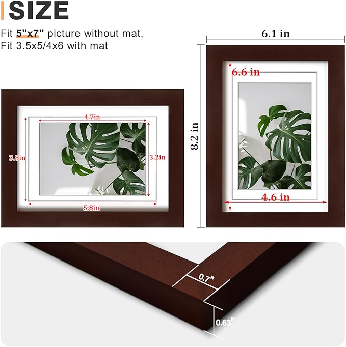 Egofine 5x7 Picture Frame Made of Solid Wood with Plexiglass, Display Pictures 3.5x5/4x6 with Mat or 5x7 Without Mat for Tabletop and Wall Mounting, Walnut Color