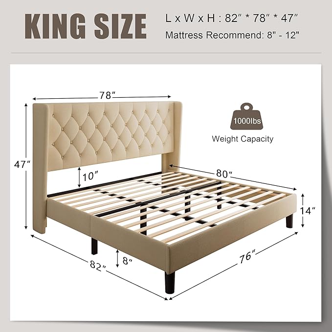 King Size Upholstered Bed Frame with Wingback Headboard, Fabric Linen Platform Bed, 8" Under Bed Storage, Wooden and Metal Slats Support, No Box Spring Needed, Beige