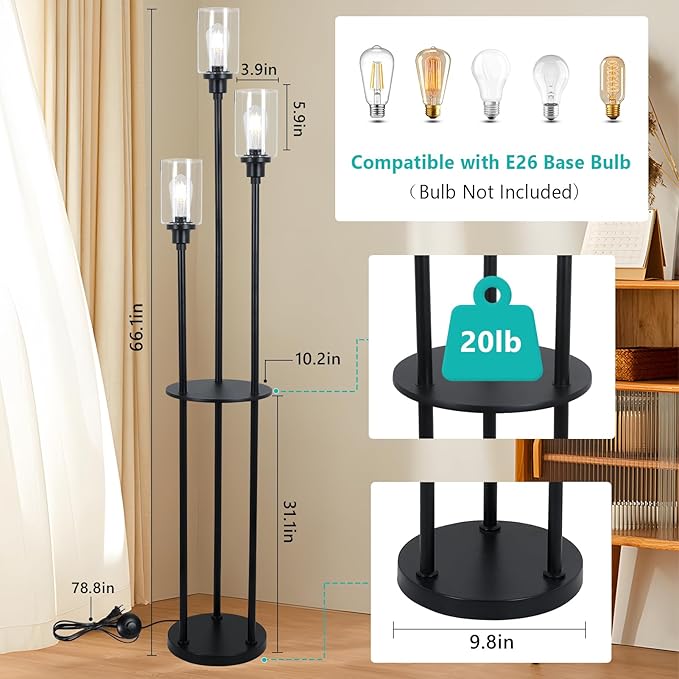 HMVPL Floor Lamps for Living Room, 3-Lights Modern Floor Lamp with Shelves, Farmhouse Standing Lamp with Glass Shades, On/Off Foot Switch, Black Industrial Tall Lamp for Bedroom Office Corner(66")