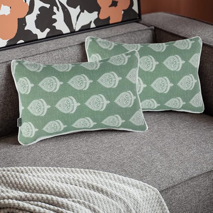 FUNHOME Set of 2 Patio Lumbar Pillows with Insert, 12”x20” Water-Repellent Outdoor Lumbar Pillow, Decorative Garden All Weather Lumbar Cushions for Home Patio Coach Sofa Use-Fair Green