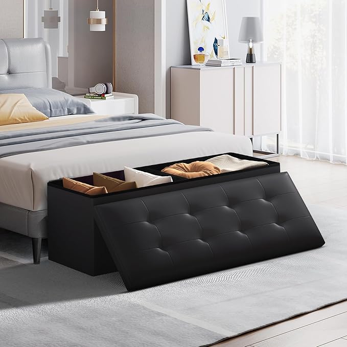 Storage Ottoman Bench, 43 Inch Ottoman Foot Rest, End of Bed Bench, Storage Chest, Load 700 lb, for Living Room, Bedroom, Entryway, Black