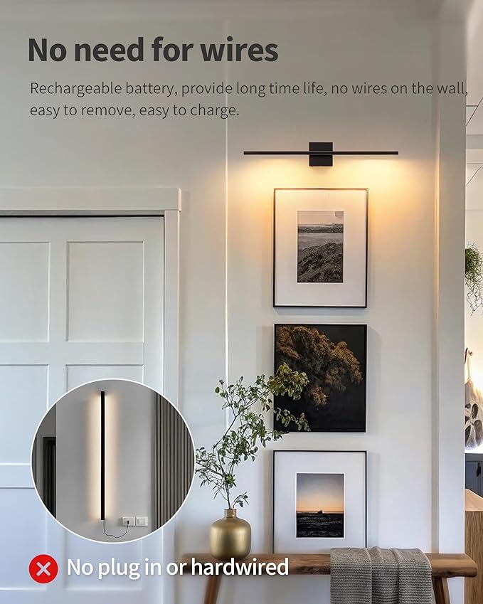 KDG Cordless Wall Sconces with Remote Control, Wireless 7000mAh Rechargeable Battery Operated LED Wall Lamps, 360° Rotate Lightings for Wall Painting, Bedroom, Hallway, Night Light 23.6 inch (Black)