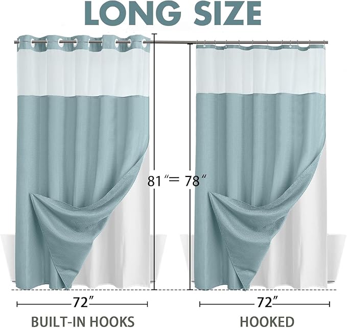 YellyHommy No Hook Shower Curtain with Snap in Liner Set Less Waffle Shower Curtain for Bathroom (Cyan, 81" L x 72" W)