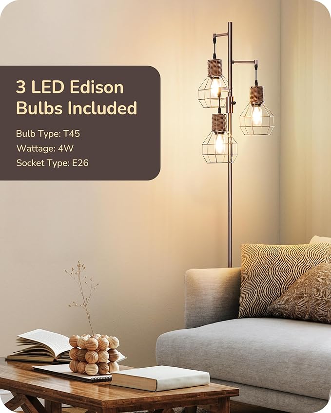 EDISHINE Dimmable Rustic Floor Lamp, Farmhouse Standing Lamp with 3 LED Edison Bulbs, Rattan Design Floor Lamps for Living Room, Bedroom, Reading Corner, Office, Electroplated Brushed Red Copper