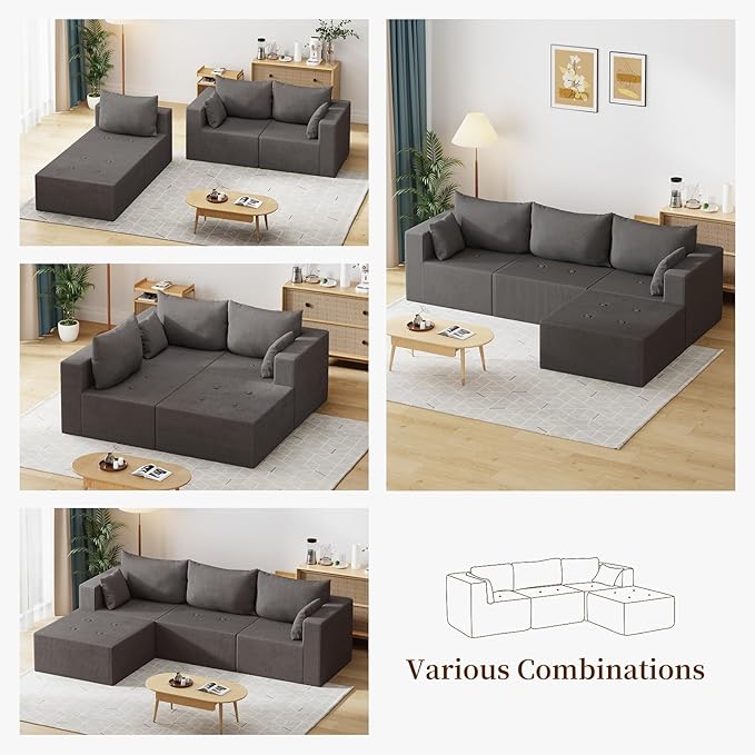 105" Cloud Sectional Sofa, L-Shape Sectional Couch, Modern Corduroy Sofa with Chaise Lounge, No-Assembly Required, Deep Seat Modular Cloud Couch for Living Room, Apartment, Gray