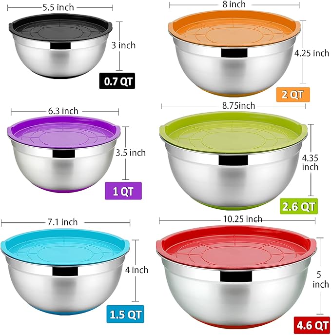 P&P CHEF Mixing Bowls With Lids, Set of 6, Stainless Steel Nesting Mixing Bowls & Fitting Lids & Non-Slip Silicone Bottom, Ideal for Mixing, Storing, Size 0.7/1/1.5/2.5/3/4.6 Qt, Multicolor
